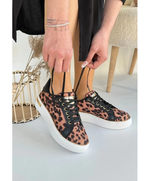 Kity Leopar Saten Bağcıklı Spor Ayakkabı