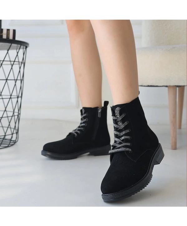 Kolly Siyah Süet Bağcıklı Bot