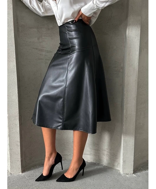 Komple parçalı deri etek siyah h26441