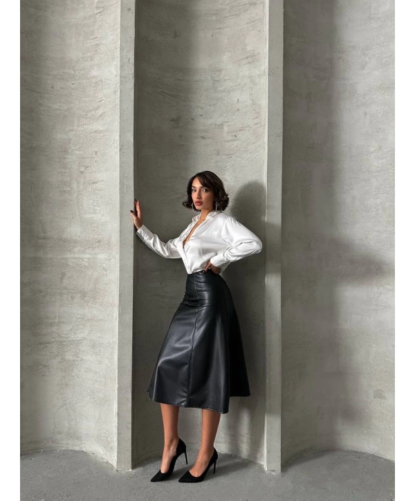 Komple parçalı deri etek siyah h26441