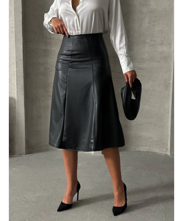 Komple parçalı deri etek siyah h26441