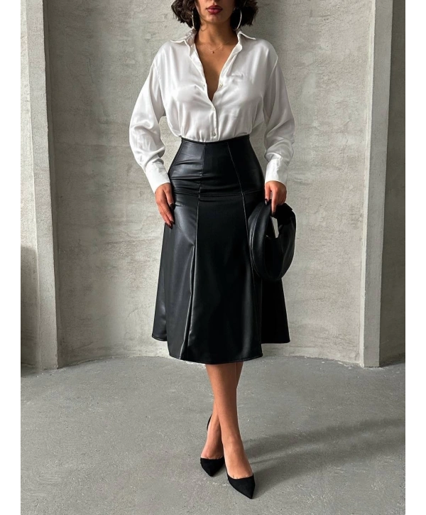 Komple parçalı deri etek siyah h26441