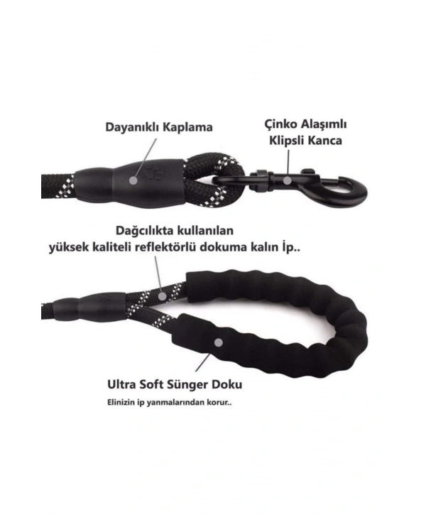Köpekler İçin Gezdirme Tasması Reflektörlü 130 Cm Halat Orta Ve Büyük Boy Köpekler İçin Siyah