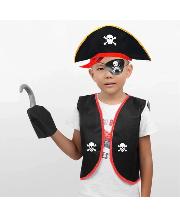 Korsan Yelek + Şapka + Kanca + Maske Çocuk Boy 4-6 Yaş