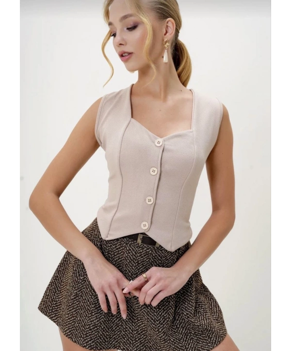 Krep kumaş düğmeli yelek bej s3395
