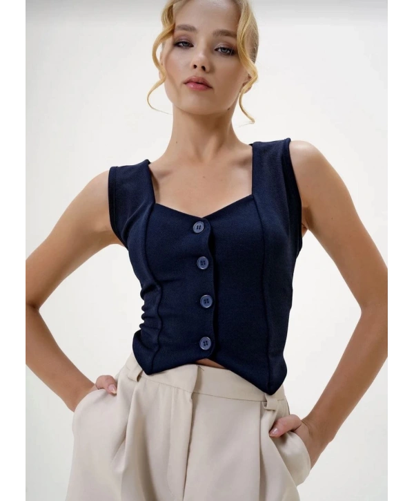 Krep kumaş düğmeli yelek lacivert s3395