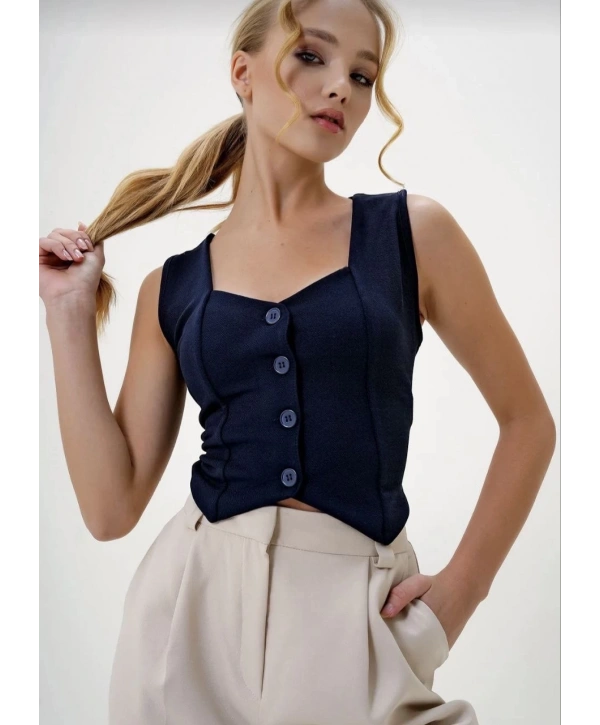 Krep kumaş düğmeli yelek lacivert s3395