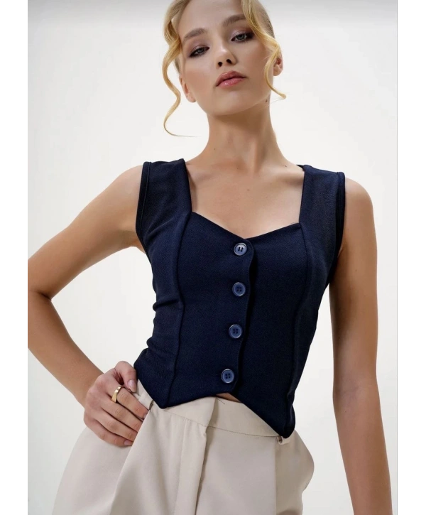 Krep kumaş düğmeli yelek lacivert s3395