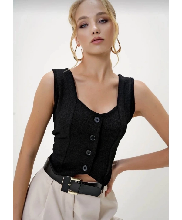 Krep kumaş düğmeli yelek siyah s3395