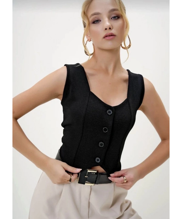 Krep kumaş düğmeli yelek siyah s3395