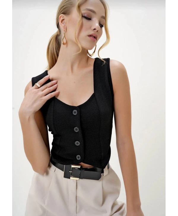 Krep kumaş düğmeli yelek siyah s3395