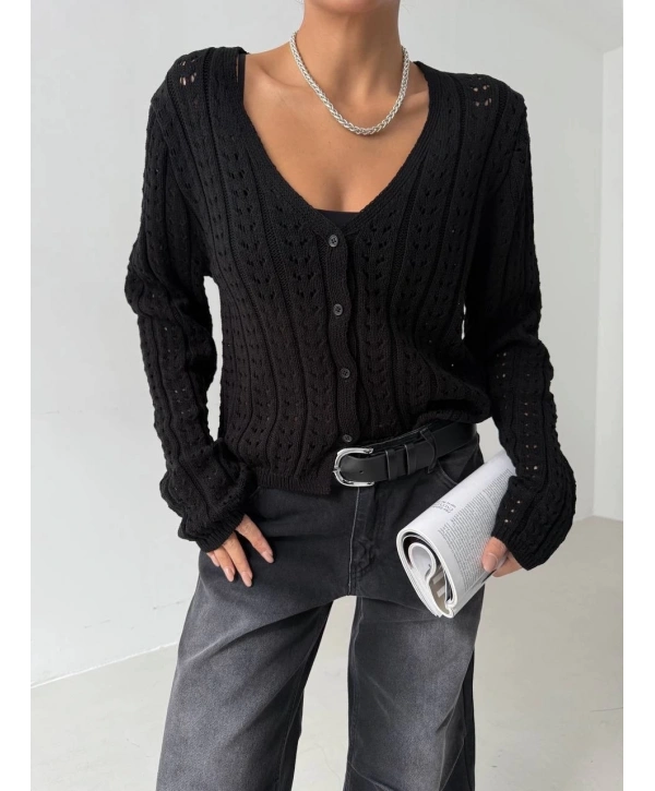 Küçük düğmeli küçük örgülü triko hırka siyah