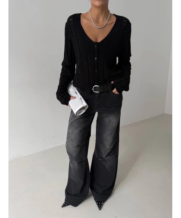 Küçük düğmeli küçük örgülü triko hırka siyah