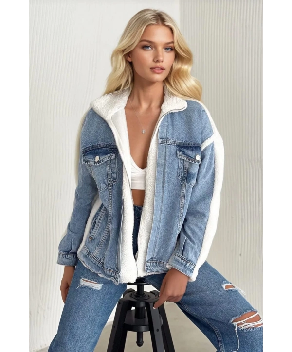 Kürklü kot ceket mavi t7009