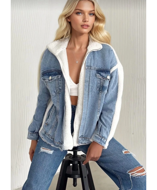 Kürklü kot ceket mavi t7009