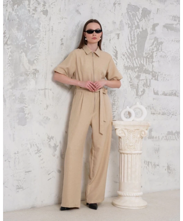 Kuşaklı gömlek yaka salaş tulum bej s255822