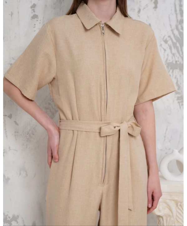 Kuşaklı gömlek yaka salaş tulum bej s255822