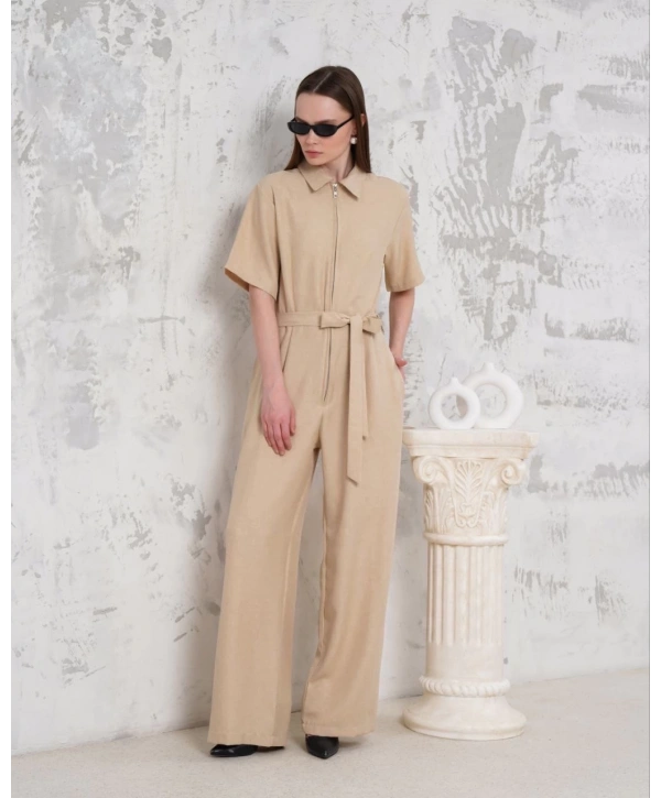 Kuşaklı gömlek yaka salaş tulum bej s255822