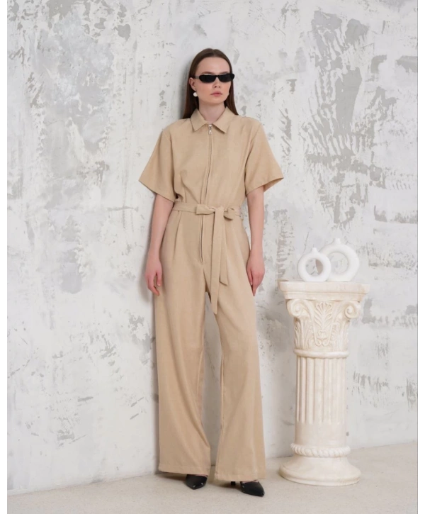 Kuşaklı gömlek yaka salaş tulum bej s255822