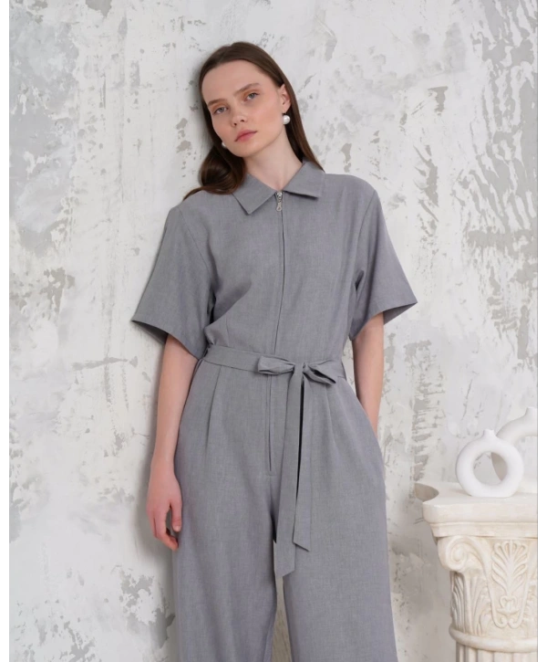 Kuşaklı gömlek yaka salaş tulum gri s255822
