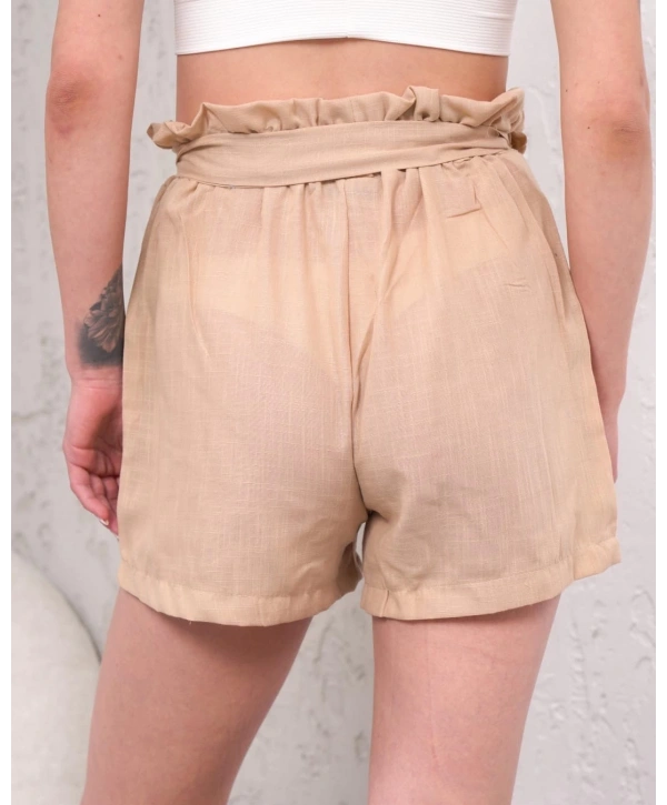 Kuşaklı keten şort bej s255265