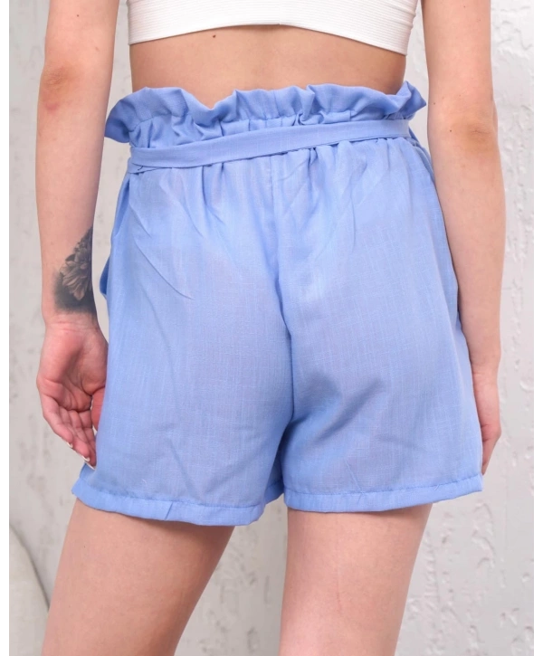 Kuşaklı keten şort mavi s255265
