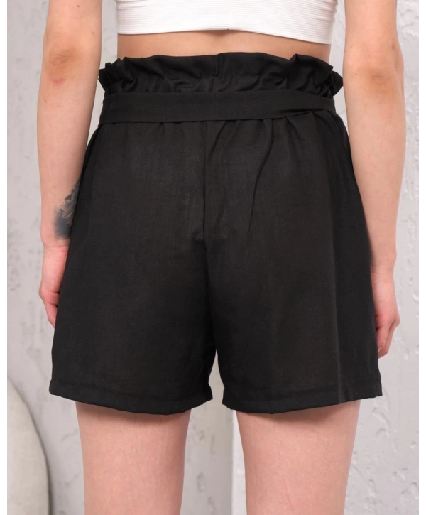 Kuşaklı keten şort siyah s255265