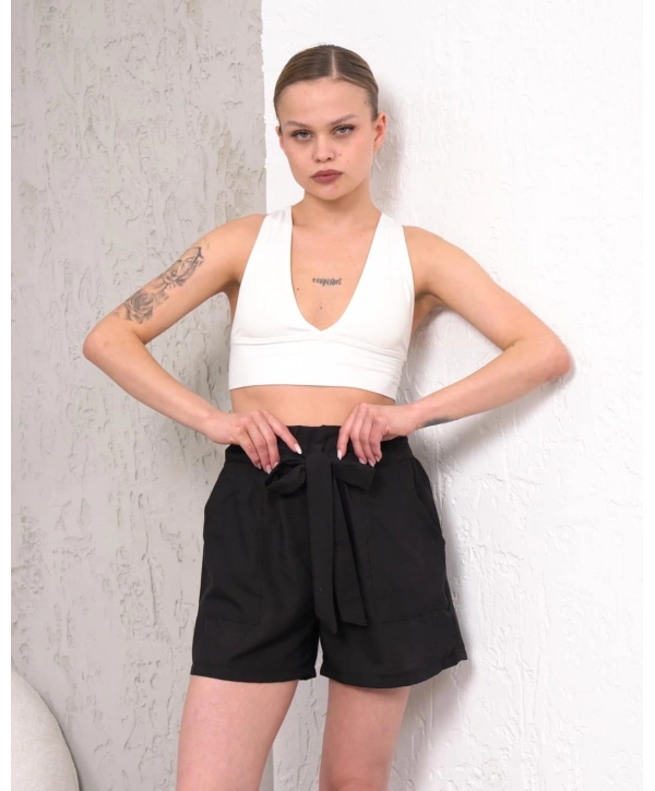 Kuşaklı keten şort siyah s255265