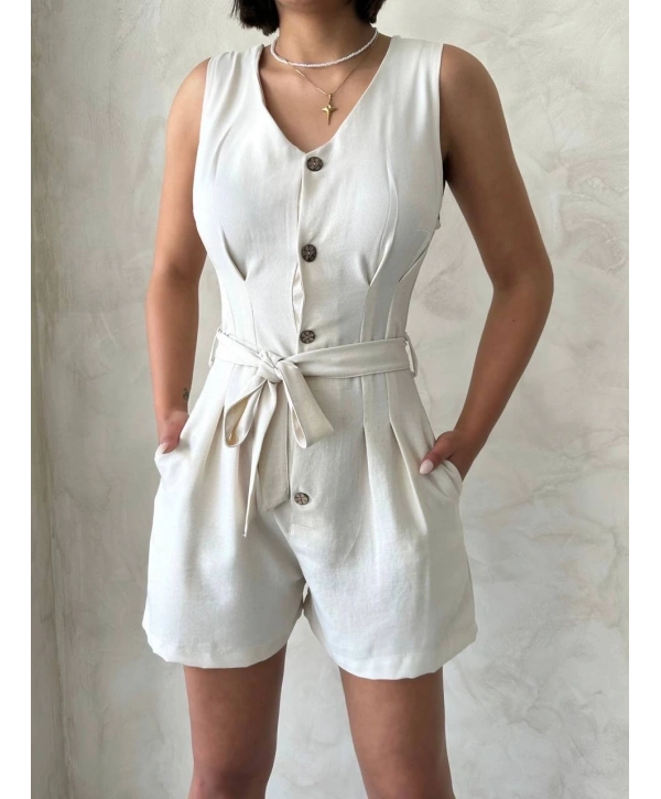 Kuşaklı şortlu tulum