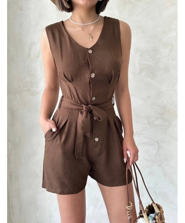 Kuşaklı şortlu tulum