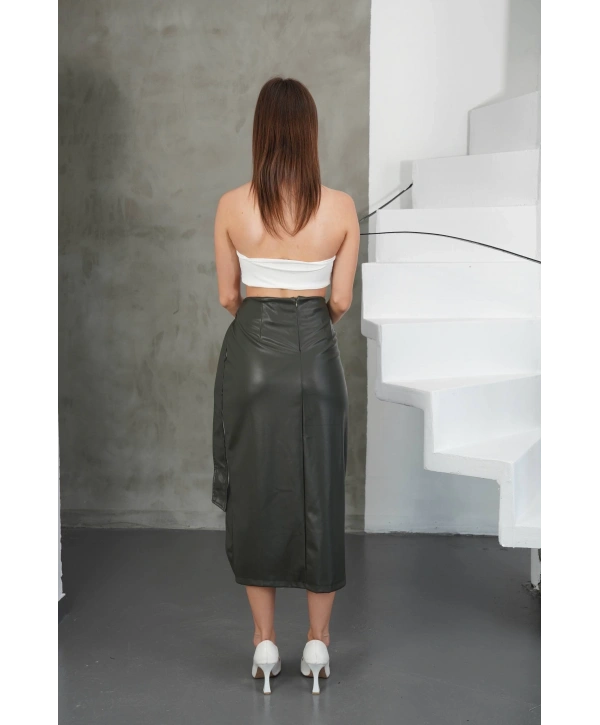 Kuşaklı uzun deri etek haki h26414