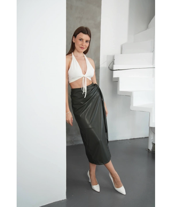 Kuşaklı uzun deri etek haki h26414