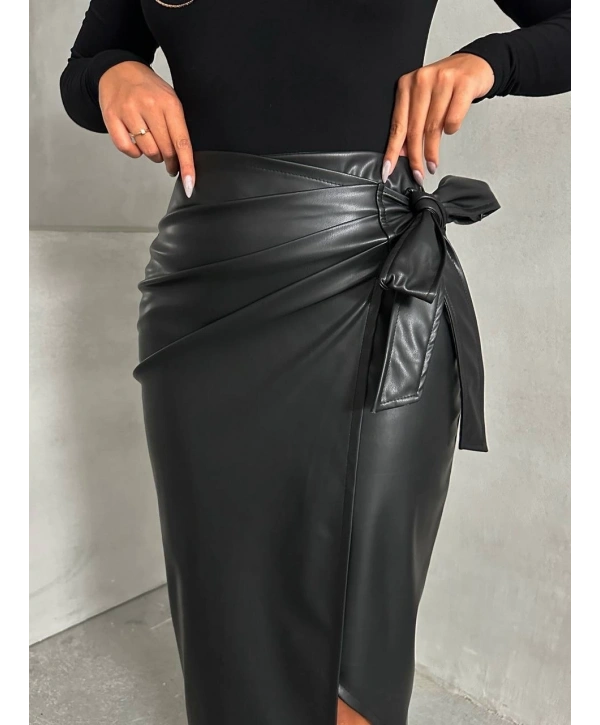 Kuşaklı uzun deri etek siyah h26414