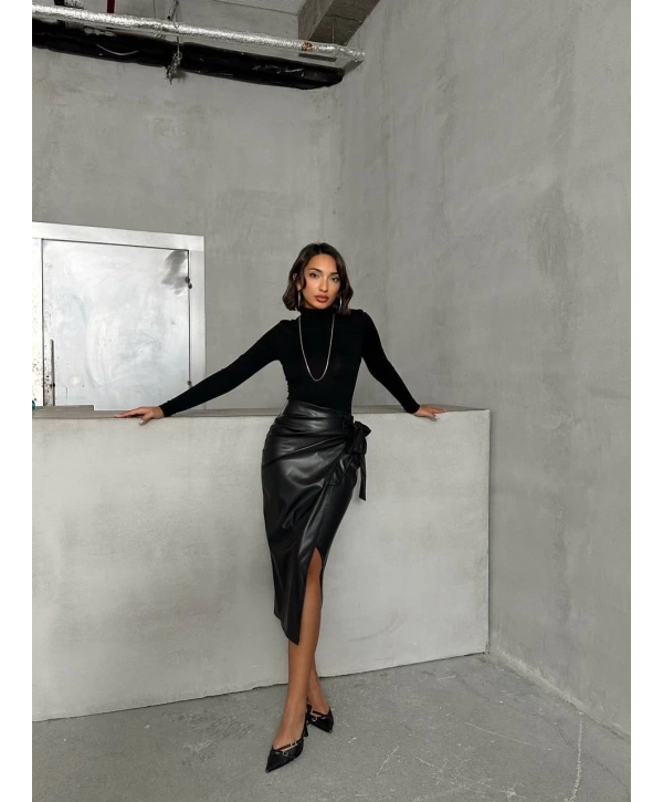 Kuşaklı uzun deri etek siyah h26414