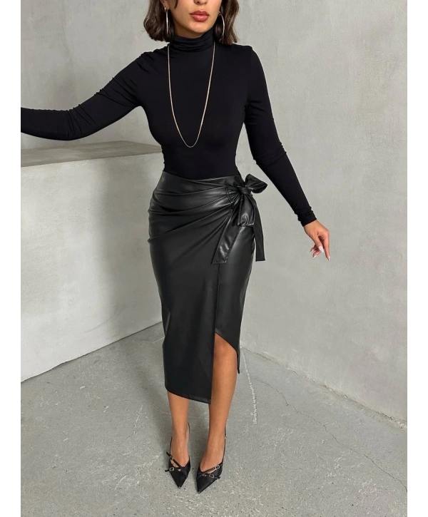 Kuşaklı uzun deri etek siyah h26414