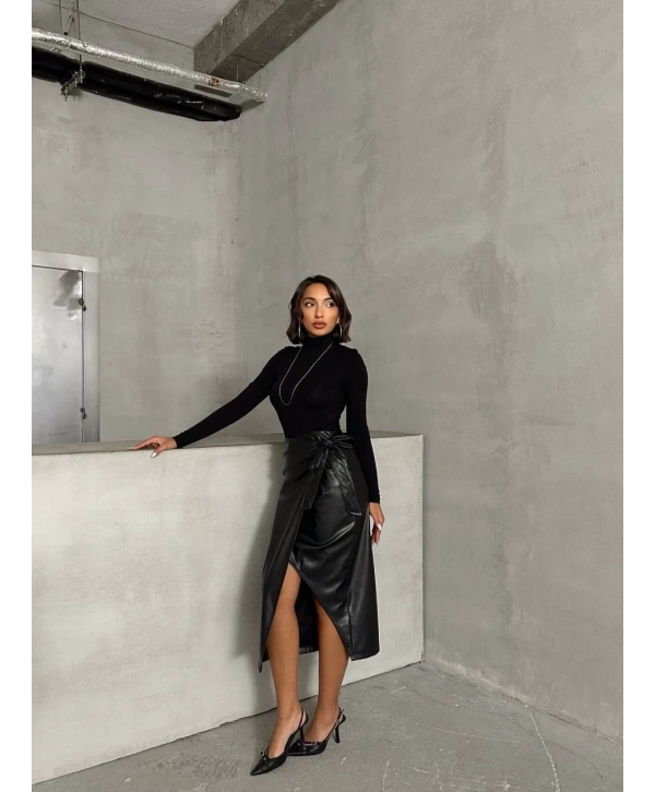 Kuşaklı uzun deri etek siyah h26414