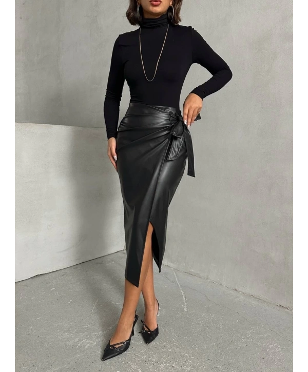 Kuşaklı uzun deri etek siyah h26414