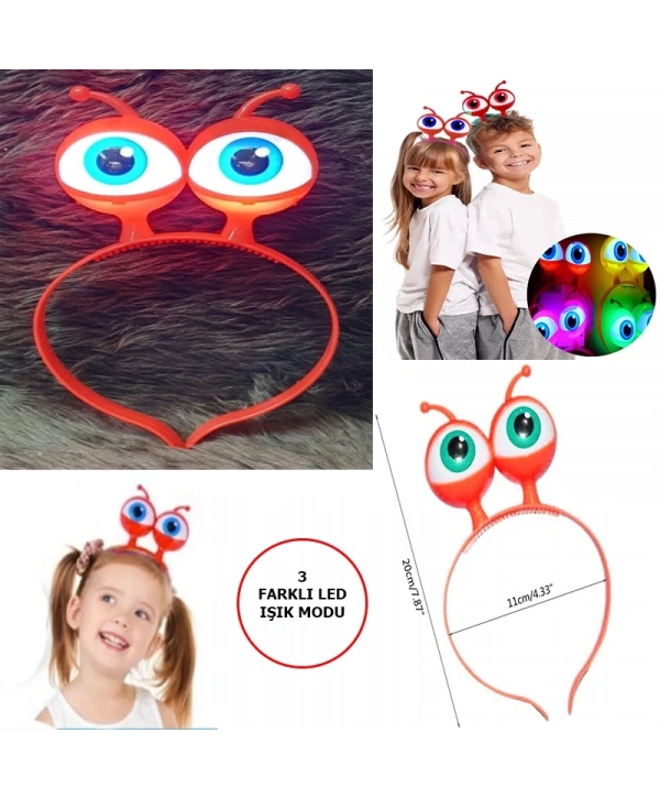 Led Işıklı  Pilli 3 Farklı Modda Yanan Uzaylı Göz Parti Tacı Kırmızı Renk 18x12 Cm