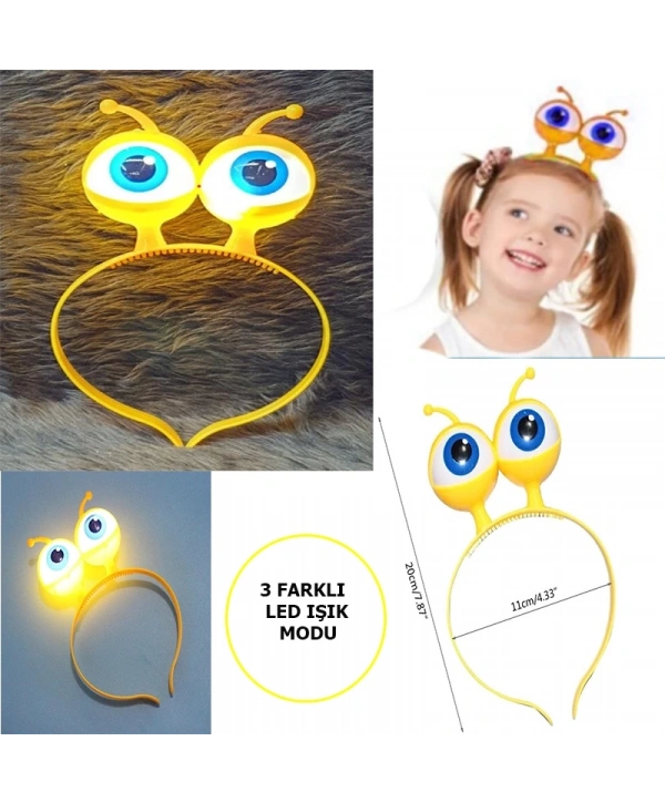 Led Işıklı  Pilli 3 Farklı Modda Yanan Uzaylı Göz Parti Tacı Sarı Renk 18x12 Cm
