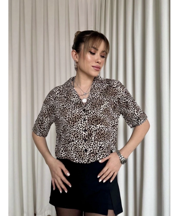Leopar desenli crop gömlek