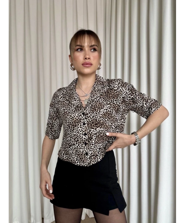 Leopar desenli crop gömlek