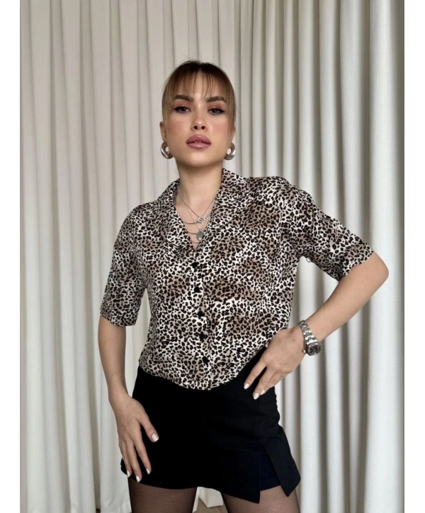 Leopar desenli crop gömlek