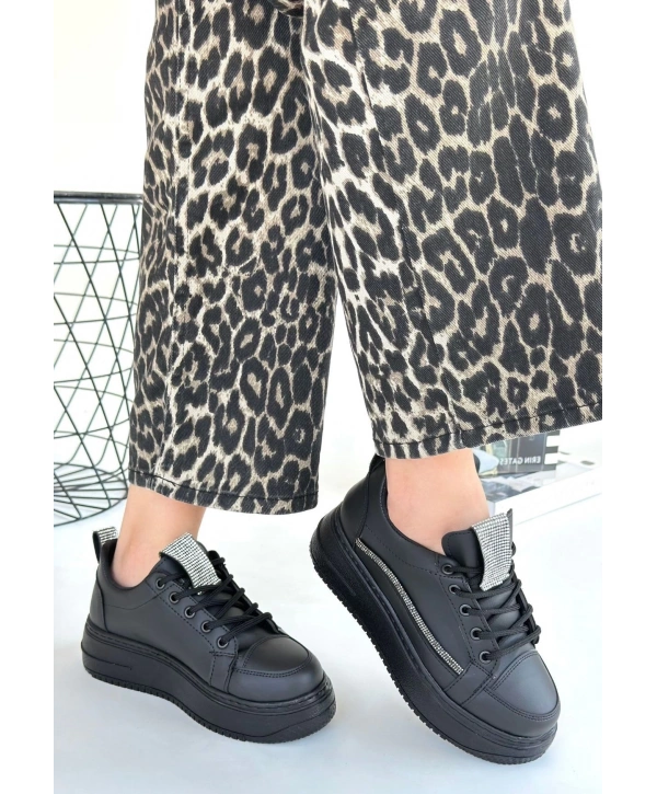 Leope Siyah Cilt Bağcıklı Spor Ayakkabı