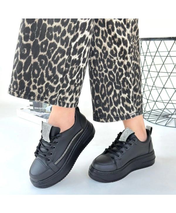 Leope Siyah Cilt Bağcıklı Spor Ayakkabı