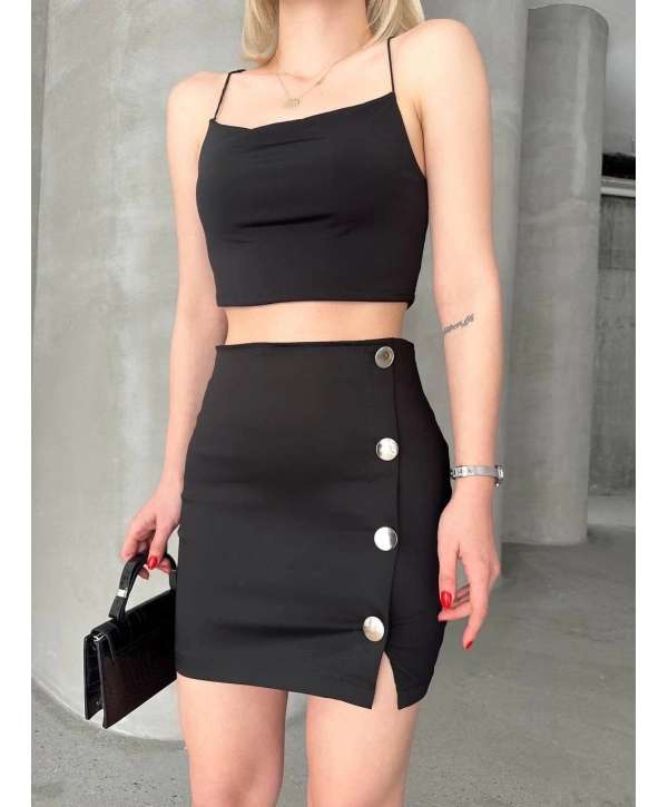 Likralı gabardin dört düğmeli etek