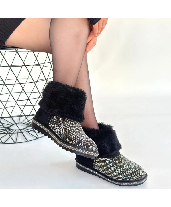 Linka Siyah Süet Gümüş Boncuk İşlemeli Bot