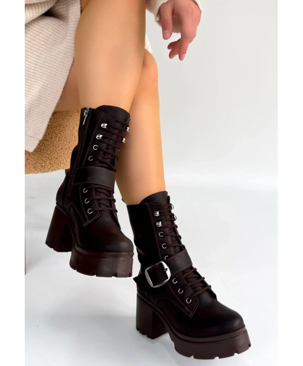 Linma Acı Kahve Cilt Bağcıklı Topuklu Bot