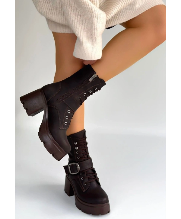 Linma Acı Kahve Cilt Bağcıklı Topuklu Bot