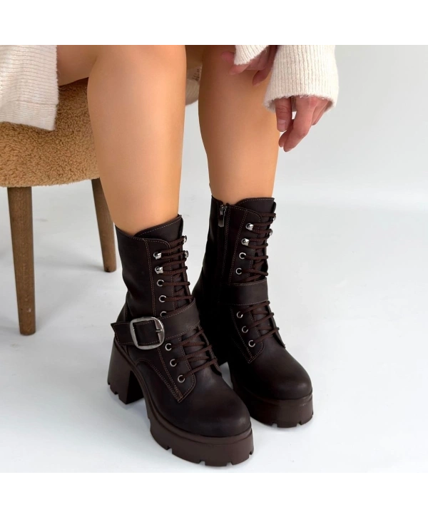 Linma Acı Kahve Cilt Bağcıklı Topuklu Bot