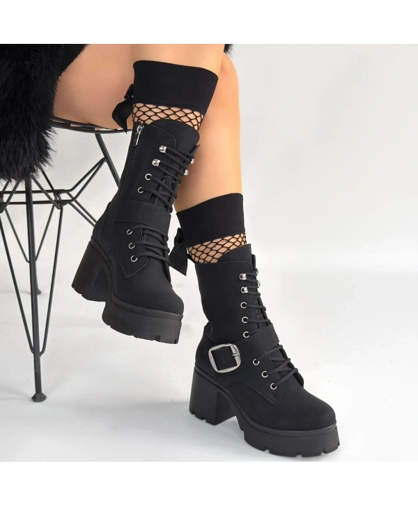 Linma Siyah Nubuk Bağcıklı Topuklu Bot